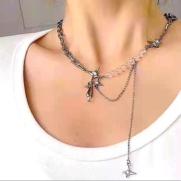 Silver North Star Beaded Chain Link Punk Necklace - Picture 5 of 13